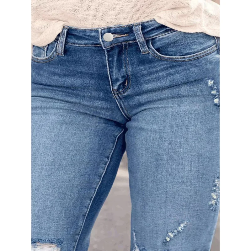 plus Size Women's mid Waist Comfortable Perforated Elastic Straight Leg Denim Jeans 2026 Fashionable Breathable Stretchy Pants view 4