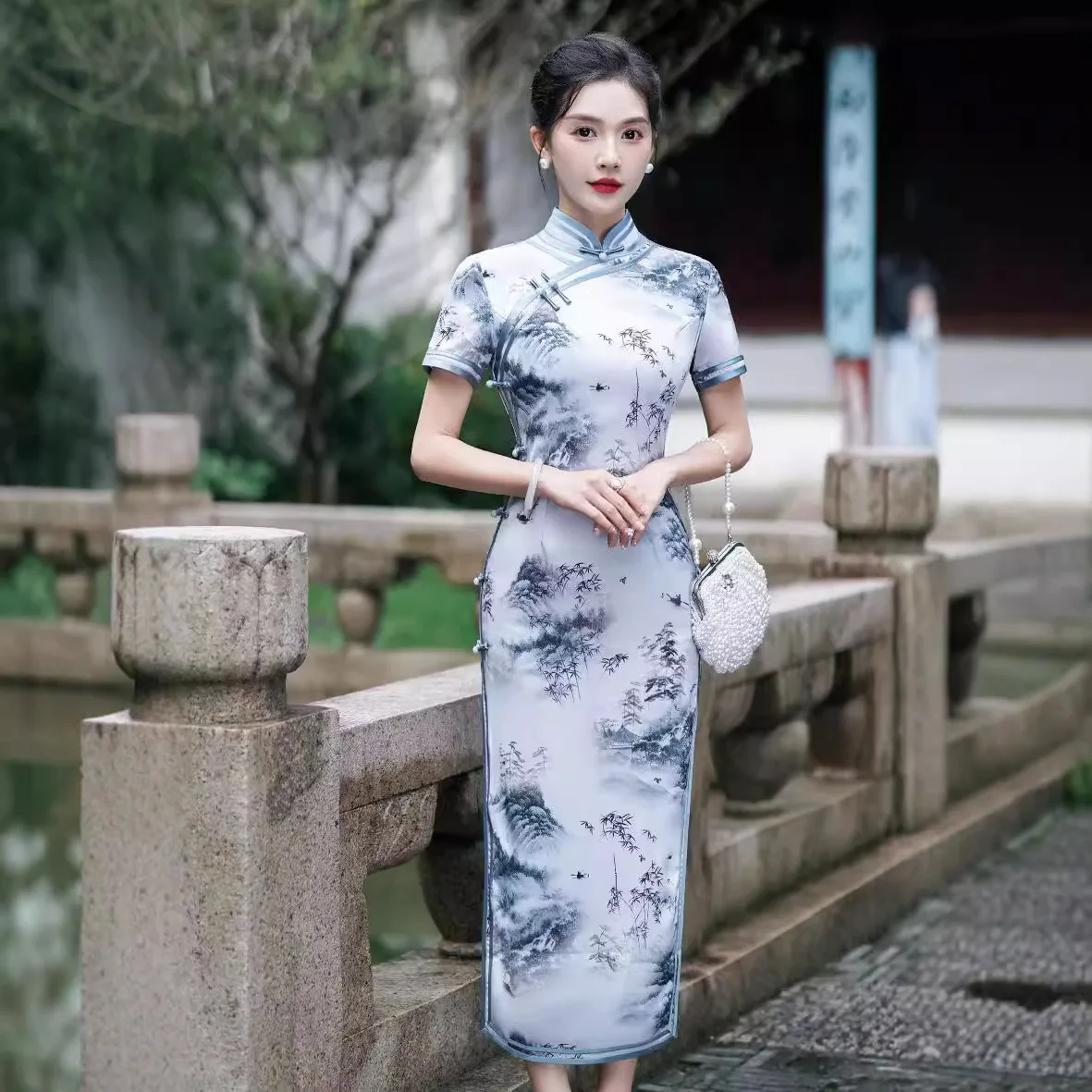 

Ele Long Faionable New Chinese Sle Slimming Evening Gown Daily Wear Retro Sle High Slit ort Sve Floral