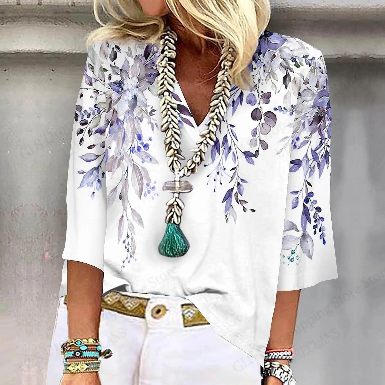 2025 여름 새로운 여성 티셔츠 꽃 꽃 3d 인쇄 Tshirt 여성 패션 v 넥 짧은 소매 오버 사이즈 탑 티 여성 의류