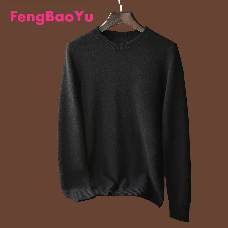 Fengbaoyu Winter Cashmere Sweater Round Neck Sweater Thick 100% Pure Mountain Men Pullover Sweater Warm Base Shirt Simple Black