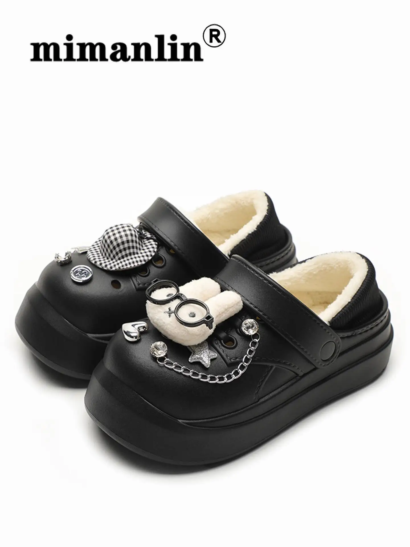 

Winter Garden Shoes 2025 Women's Thick Soled Cotton Slippers Black Glasses Fleece Lined Warm Waterproof Anti Home Slippers