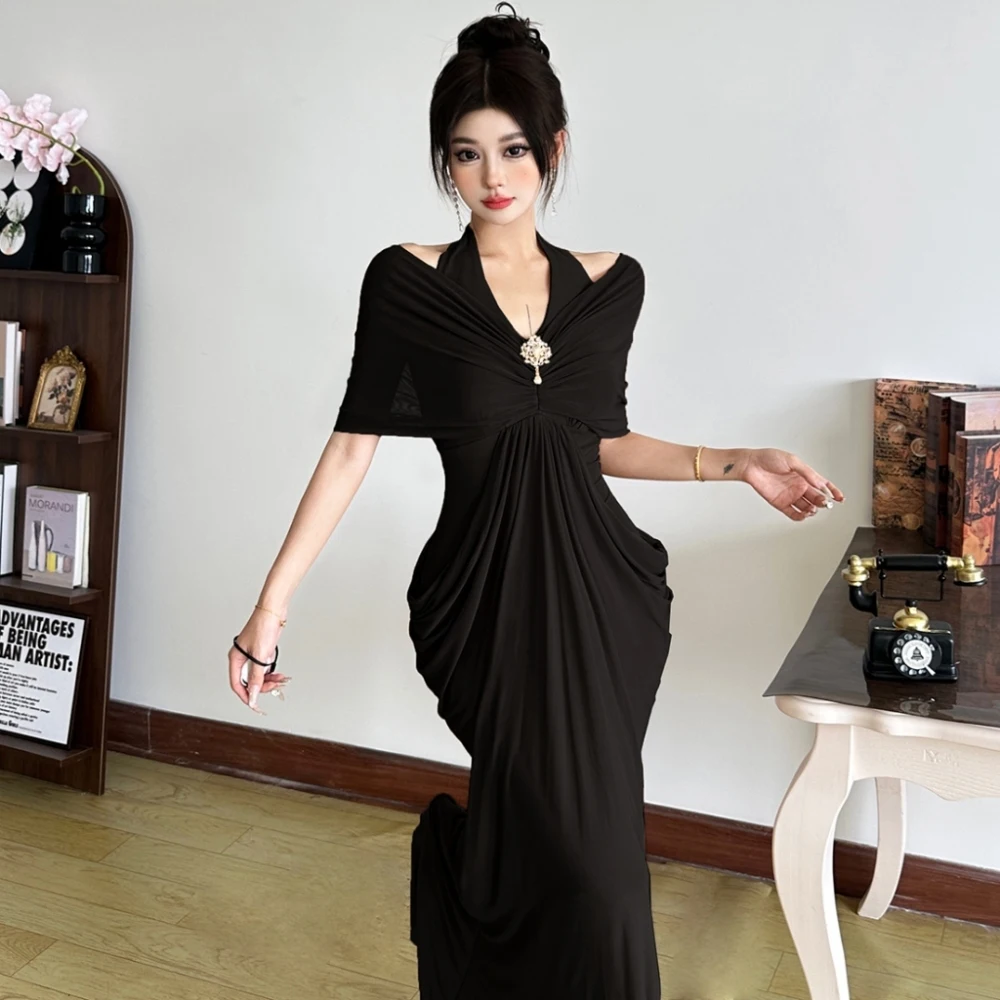 SylCue – robe longue en métal pour femmes, décoration en maille, Patchwork, col licou, dos nu, slim, portefeuille, hanche, bal de promo, froncée, élégante