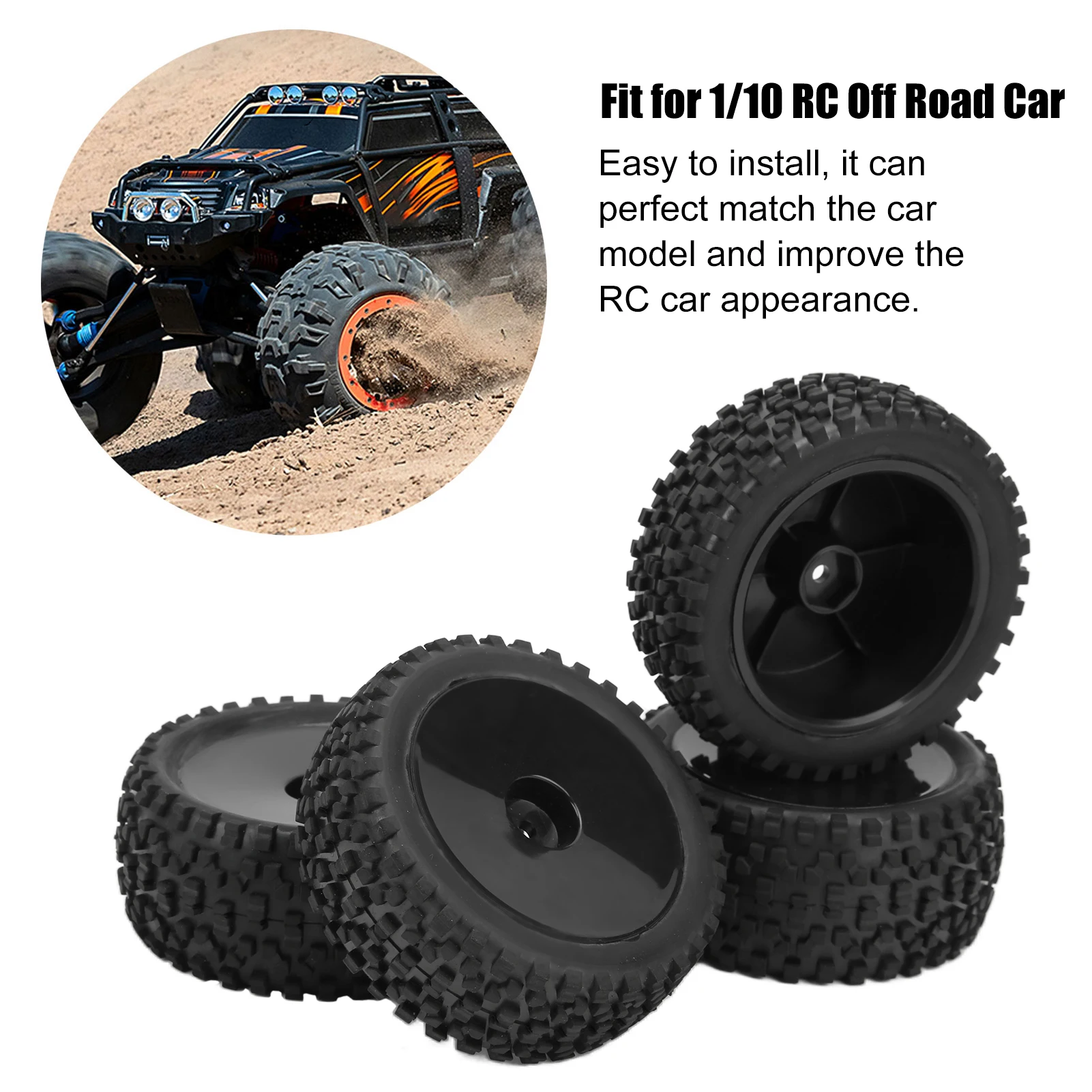 4pcs RC Front Rear Tires and Wheels with 12mm Hex for 1/10 RC Off Road Car Upgrade PartsBlack