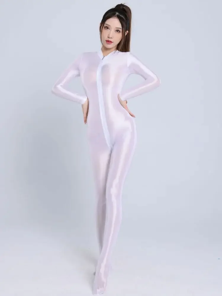 Glossy Shiny Bodystocking 2 Zipper Open Crotch Bodysuit Tights Hot Sexy Transparent Jumpsuit Leotard Conjoined Clubwear Catsuit