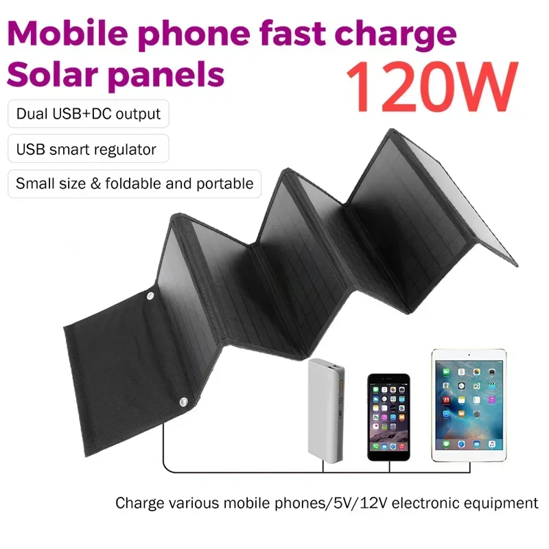 Foldable Solar Panel 120W High-Efficiency Solar Charger Module with USB+DC Output for Phones Power Banks Electronic Products Etc