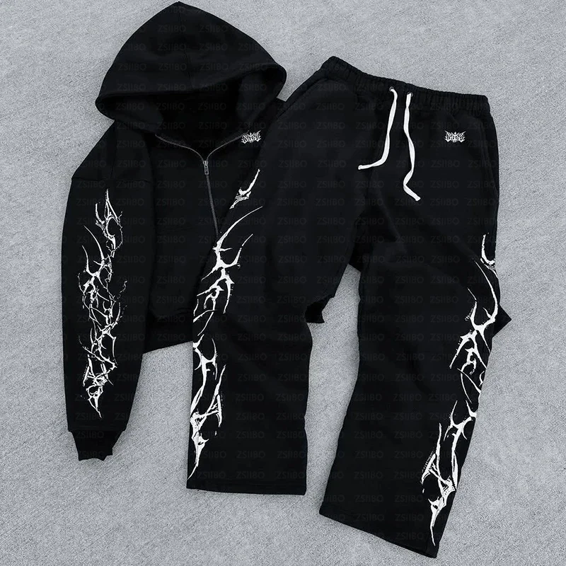 Hip Hop Retro Punk Design Trend Cool Print American Street Women Men Zipper Hoodie Oversize Loose Long Sleeved Jacket 2000S Suit