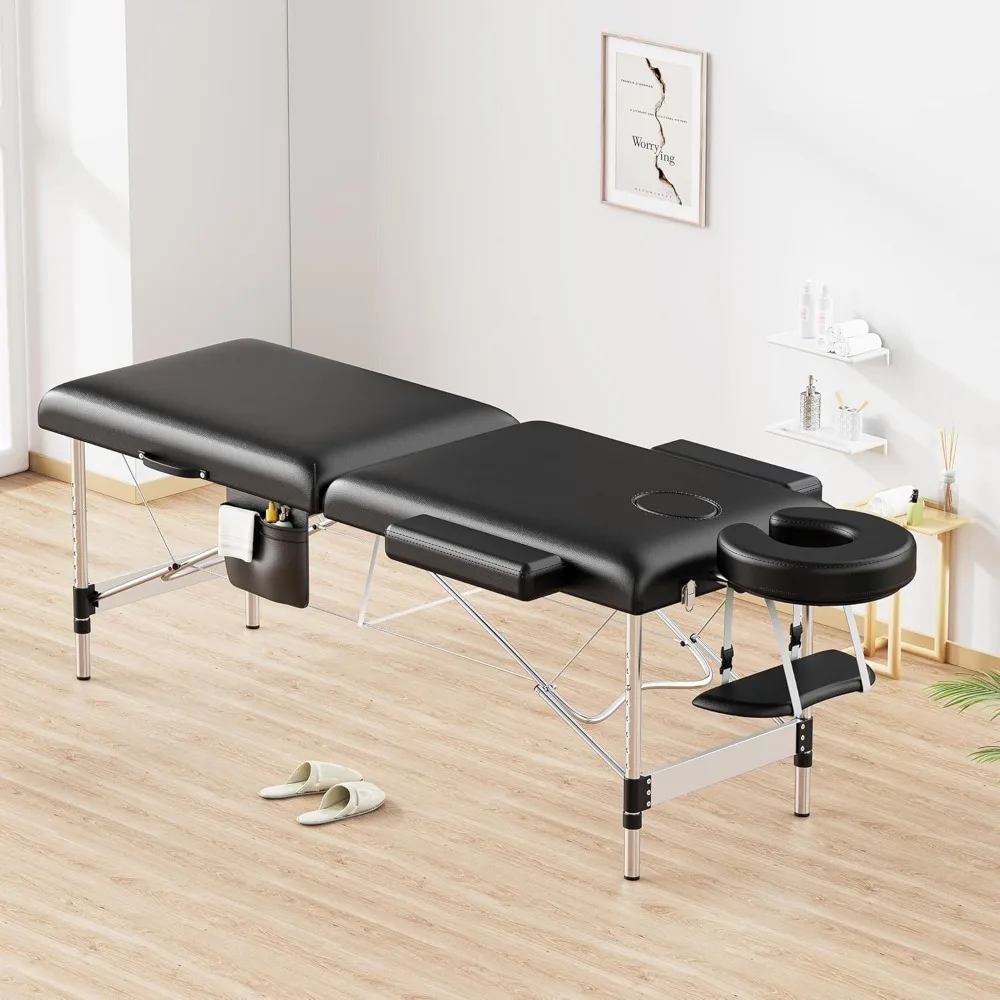 

Massage Table Portable, 2-Fold Lash Bed with Side Pocket, Adjustable Height, Sturdy Aluminum Frame