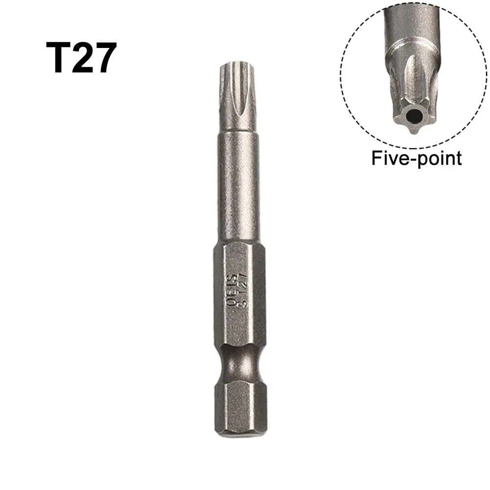 1pc 50mm Torx Screwdriver Bit 1/4\'\' Hex Shank Magnetic Five-point Torx Batch Head With Hole T8-T40 For Electric Screwdrivers