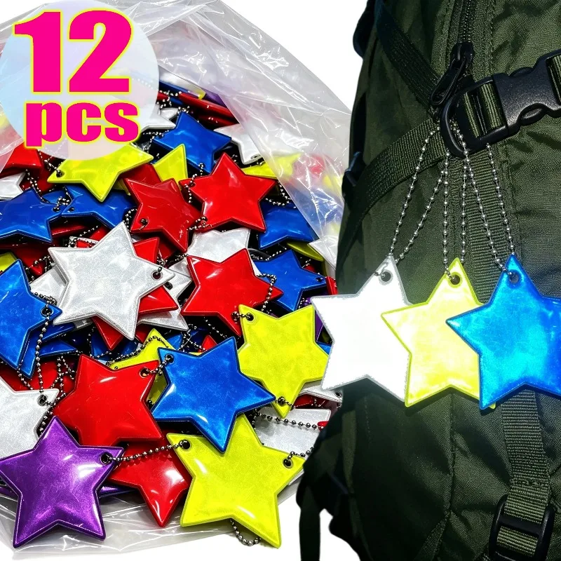 1/12Pcs Double-sided Reflective Star Pendants Colorful PVC Visible Safety Night Traffic Safety Reflector Pentagram Key Ring