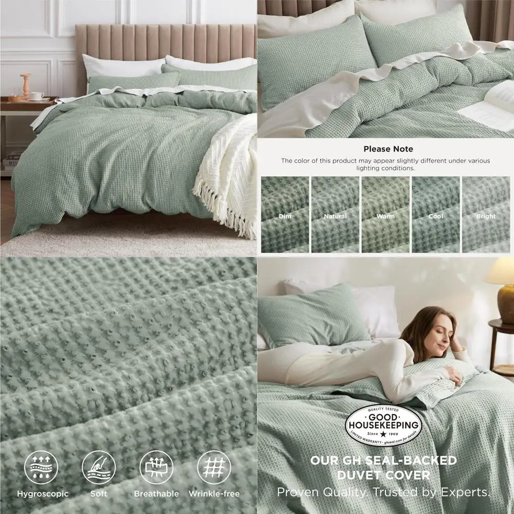 

Cotton Waffle Weave Duvet Cover Queen Size - Sage Green, Soft and Breathable Bedding