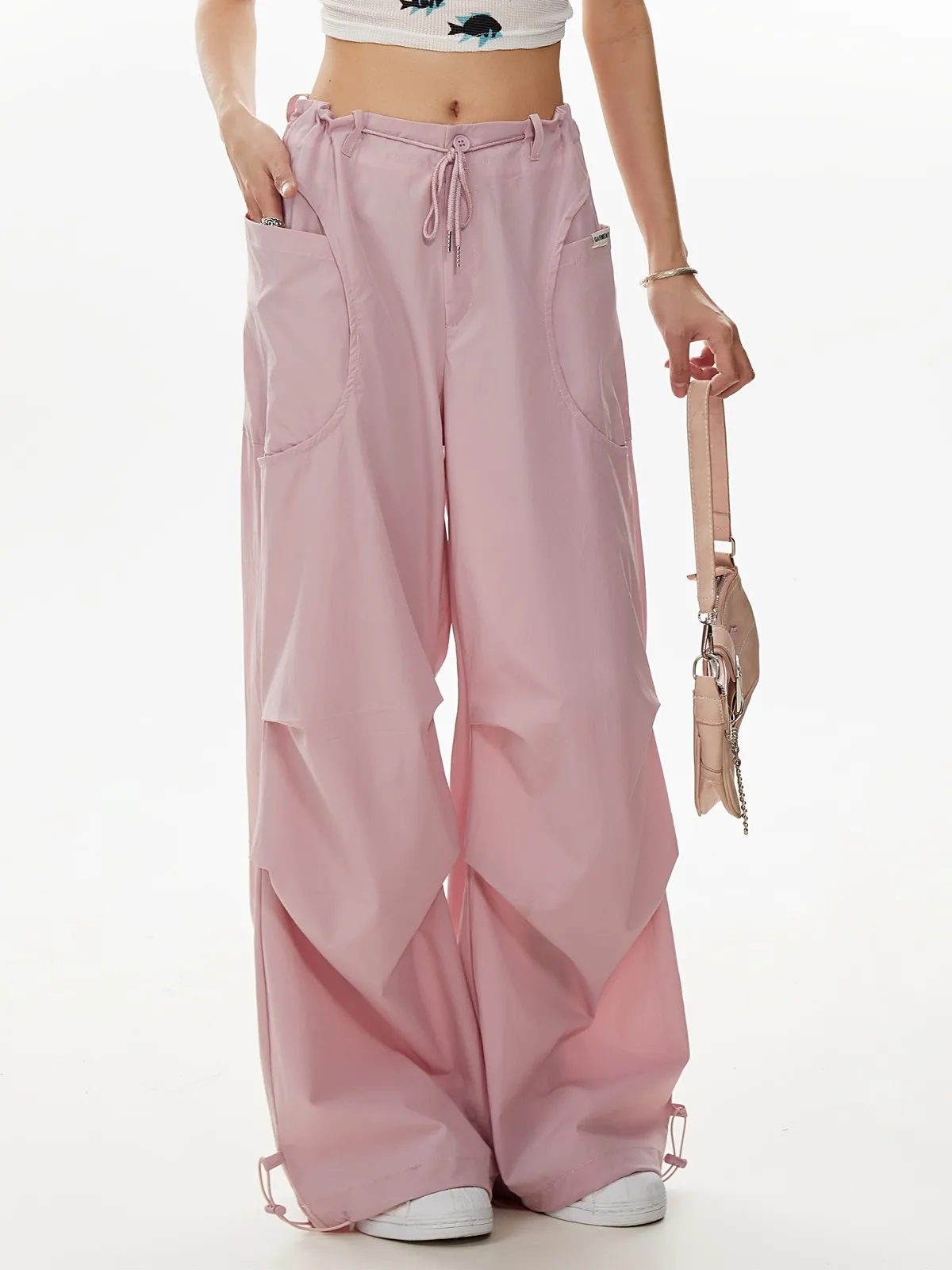 

Новые розовые брюки-карго ZHISILAO, женские повседневные Прямые брюки с широкими штанинами и шнуровкой, лето 2024