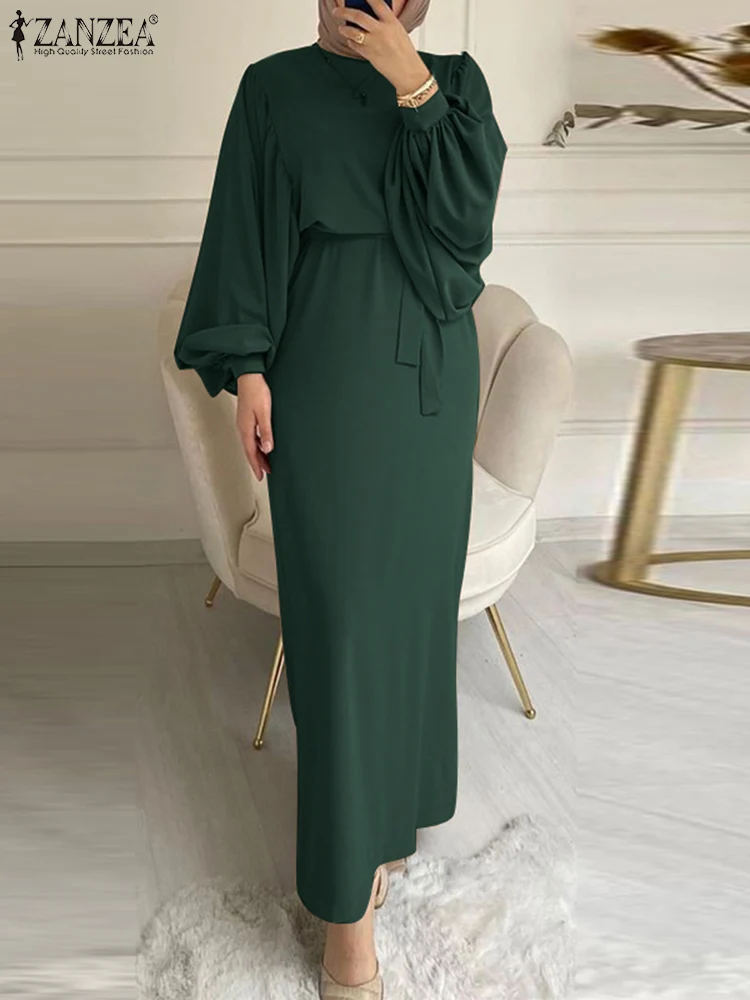 ZANZEA-vestido longo muçulmano para mulheres, abaya, vestido maxi com renda, manga comprida, gola O, vestido elegante do Ramadã, moda primavera, 2024