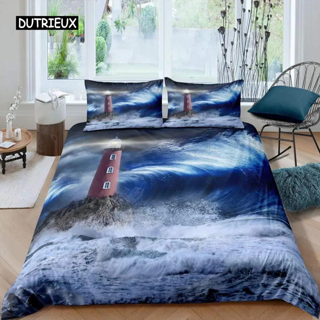 

Lighthouse Duvet Cover Set Nautical Surfing Ocean Wave Bedding Set Queen Polyester Coastal Nature Theme Quilt Cover For Kids Boy