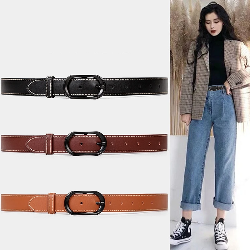 

Women's Fashion Genuine Leather Belt with Pin Buckle, Classic Solid Color Waist Belt for Jeans and Dresses