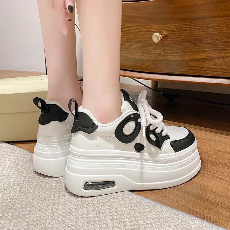 8CM High Platform Shoes Women Spring Autumn Chunky Sneakers Designer Thick Sole Leather Sports Shoes Breathable Sneakers Woman