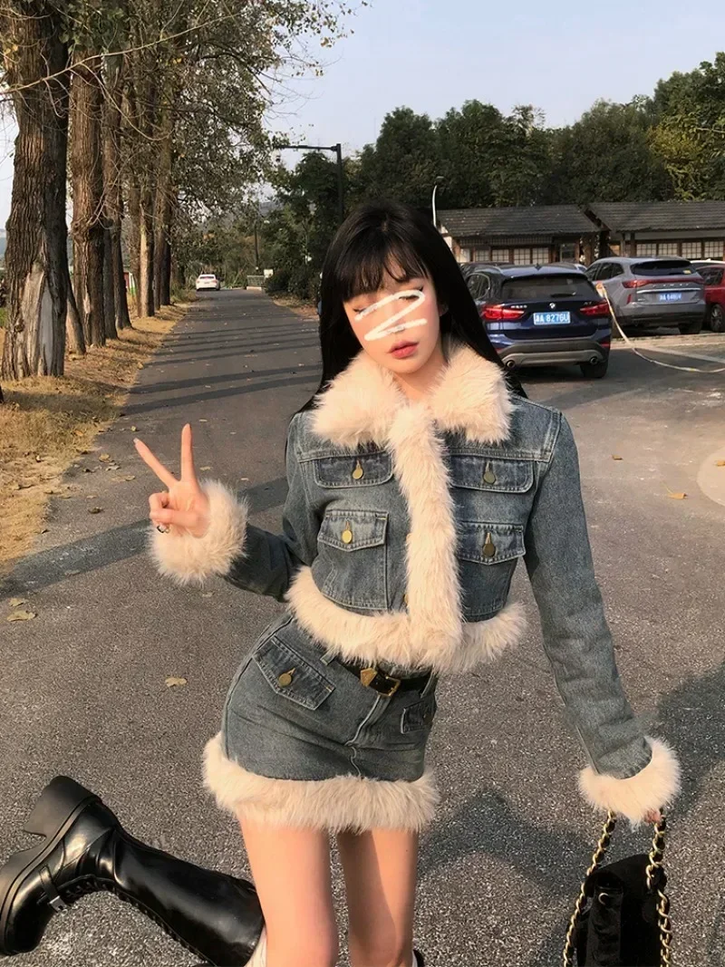 Korean Fashion Age Reducing Retro Waist Slimming Short Jacket Spicy Girl Half Body Skirt Denim Two-piece Set Female Clothing