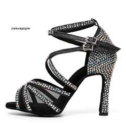 SHUANGSEJU damskie imprezowe błyszczące Rhinestone buty w stylu latynoskim czarna Rumba balowa profesjonalna Salsa cha-cha buty do tańca obcas 6cm - 10cm