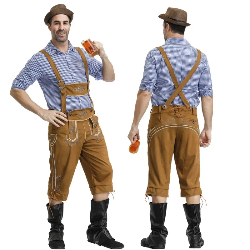 Camisa y sombrero de Lederhosen para hombre, conjunto de tres piezas, traje de Oktoberfest, tradicional Festival bávaro, vestido de fiesta de Cosplay