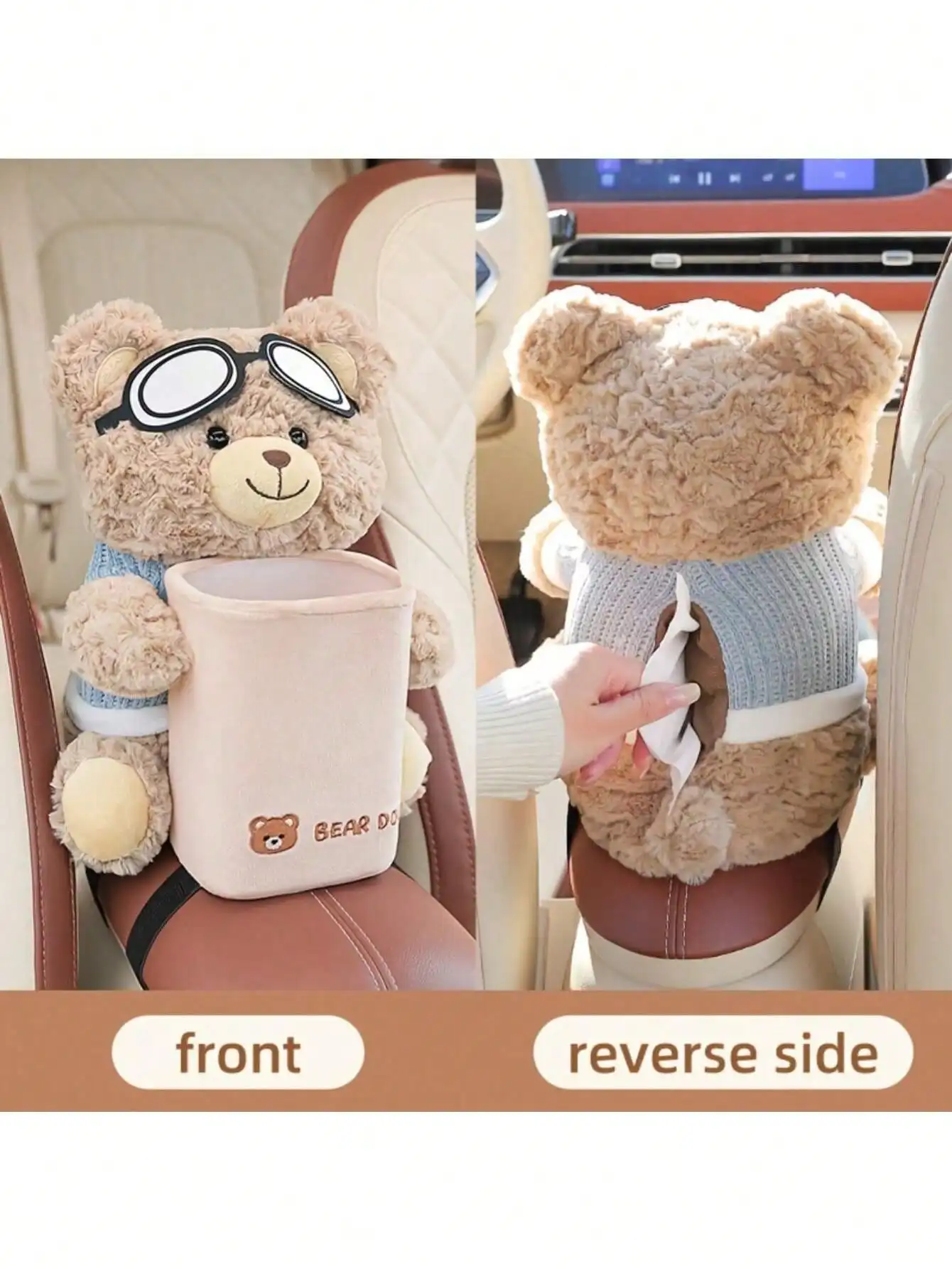 Plush Bear 2-in-1 Tissue Holder & Trash Bin, Large Capacity Multipurpose Storage Organizer for Car Desktop Home, Unique Gift