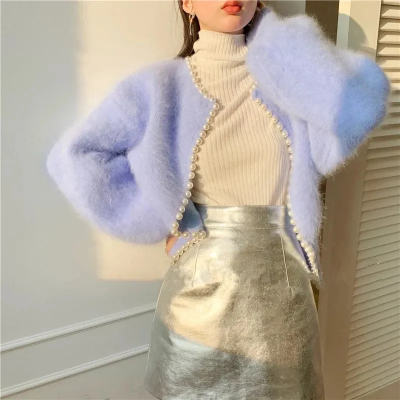 2026 Autumn Winter New Fashion Ladies Pearl Knit Lantern Sleeves Imitation Mink Fleece Sweater Cardigan Jacket Women Outerwear