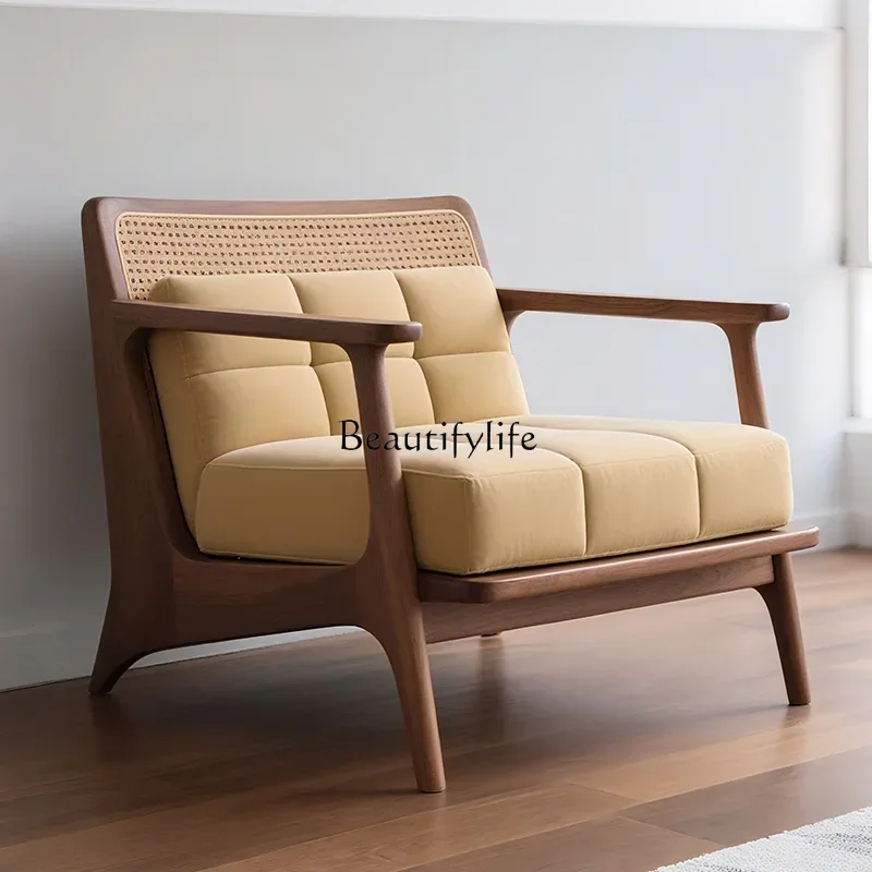 

2025QNew Chinese Black Walnut Solid Wood Single Sofa Chair Living Room High-end Atmospheric Rattan Leisure Chair
