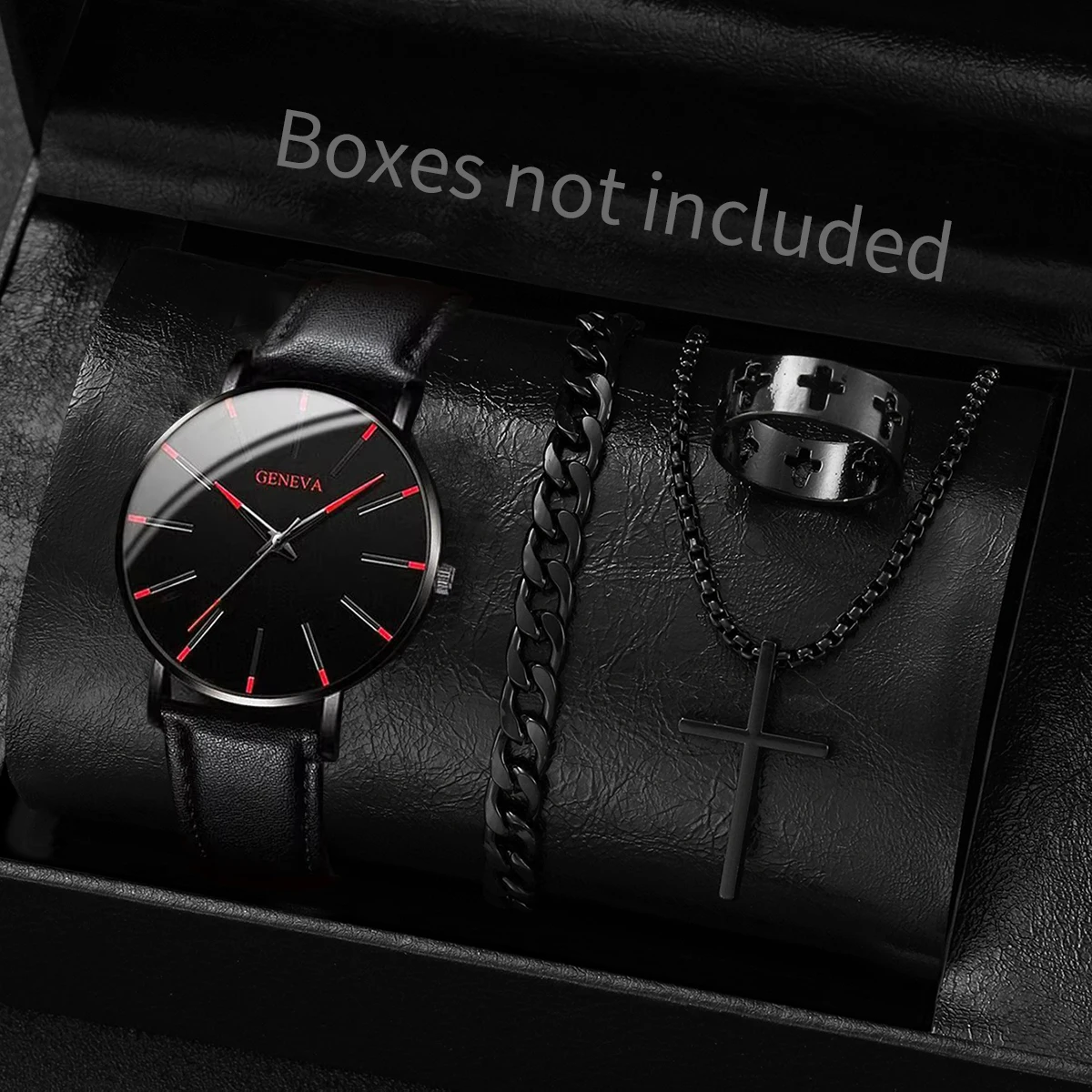 4PCS Fashion Ultra-thin Dial Men Business Watches Jewelry Set Casual Leather Band Quartz Wristwatch Reloj Hombre（Without Box）