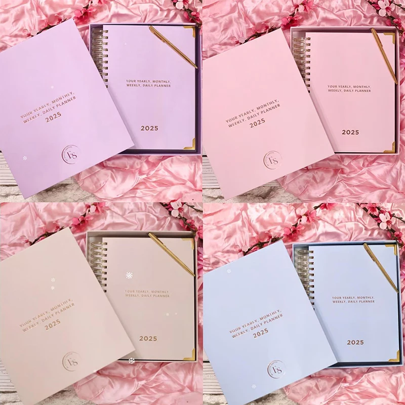 مخطط سنوي 2025 لمدة 12 شهرًا، مخطط يومي أسبوعي وشهري، مخطط مفكرة ميزانية حلزونية للوازم المكتبية المدرسية