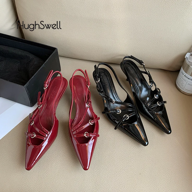 

Designer Style Woman Triple Buckle Strap Slingback Sandal Ladies Patent Red Point Toe Narrow Band Pumps Evening Party Heel Shoes