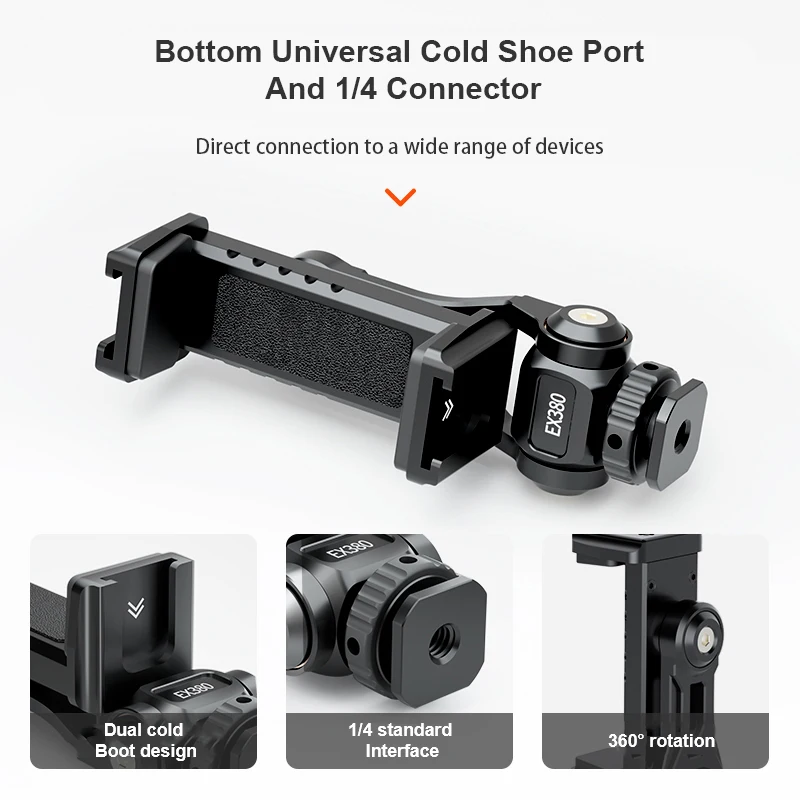 COMAN EX380 360 Rotates Adjustable Cell Phone Clip Clamp Holder With 2 Cold Shoe 1/4 Screw Universal Smartphone Mount Adapter