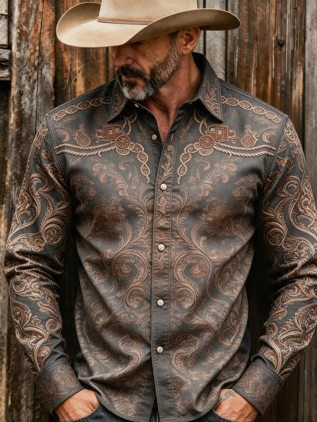 New retro functional style shirt with print and camouflage splicing, loose and trendy long sleeved shirt