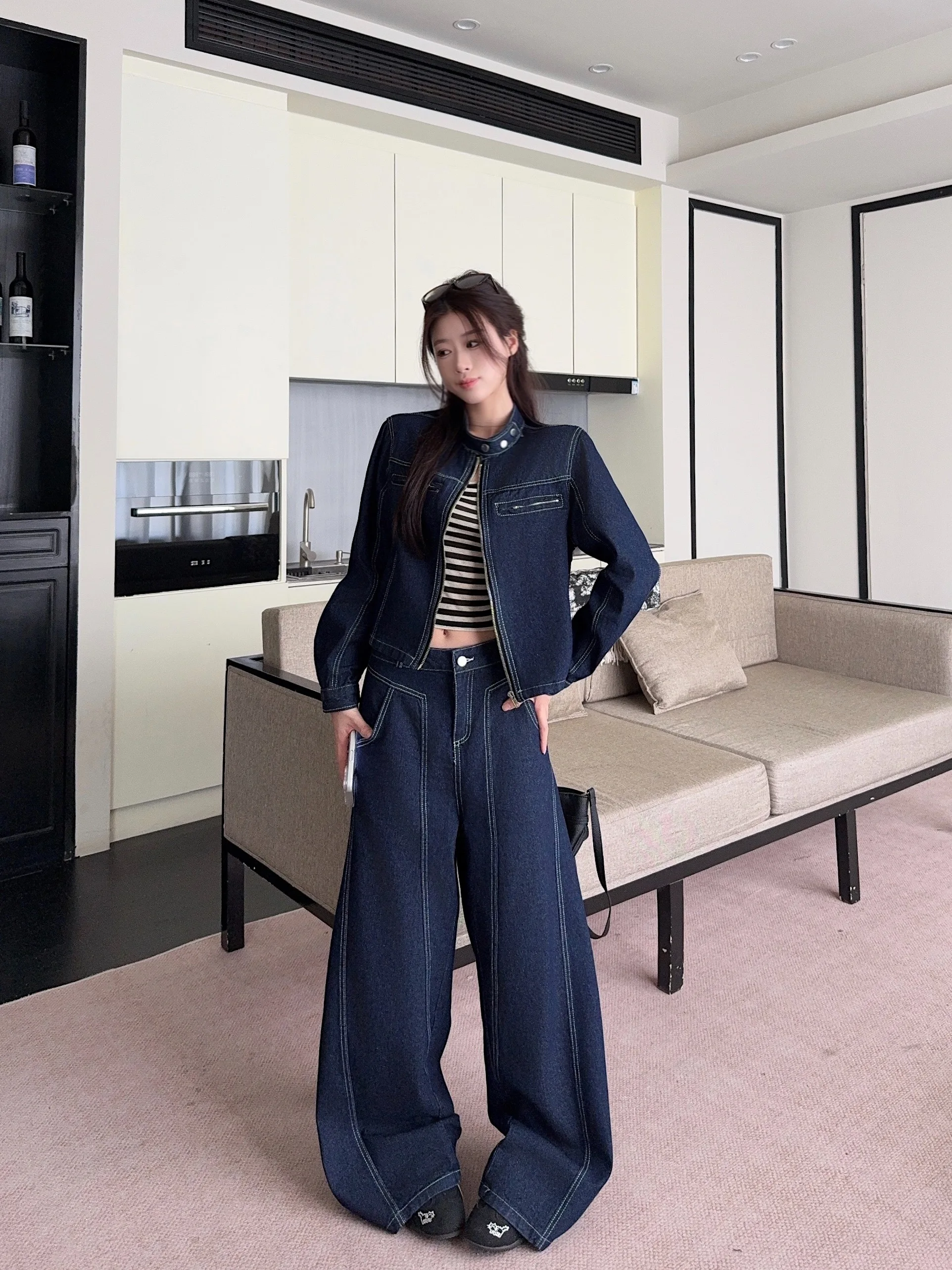 

Retro Hong Kong Style Zipper Stand Collar Denim Jacket Women's Casual Pants Blue Knife Two-Piece Set Spring Fashion