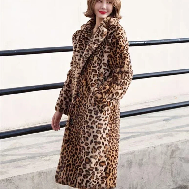 Women Leopard Faux Fox Fur Warm Long Coat Winter Leisure Long Jacket Windbreaker Thick Fluffy Luxury Bontjas Warm Outerwear