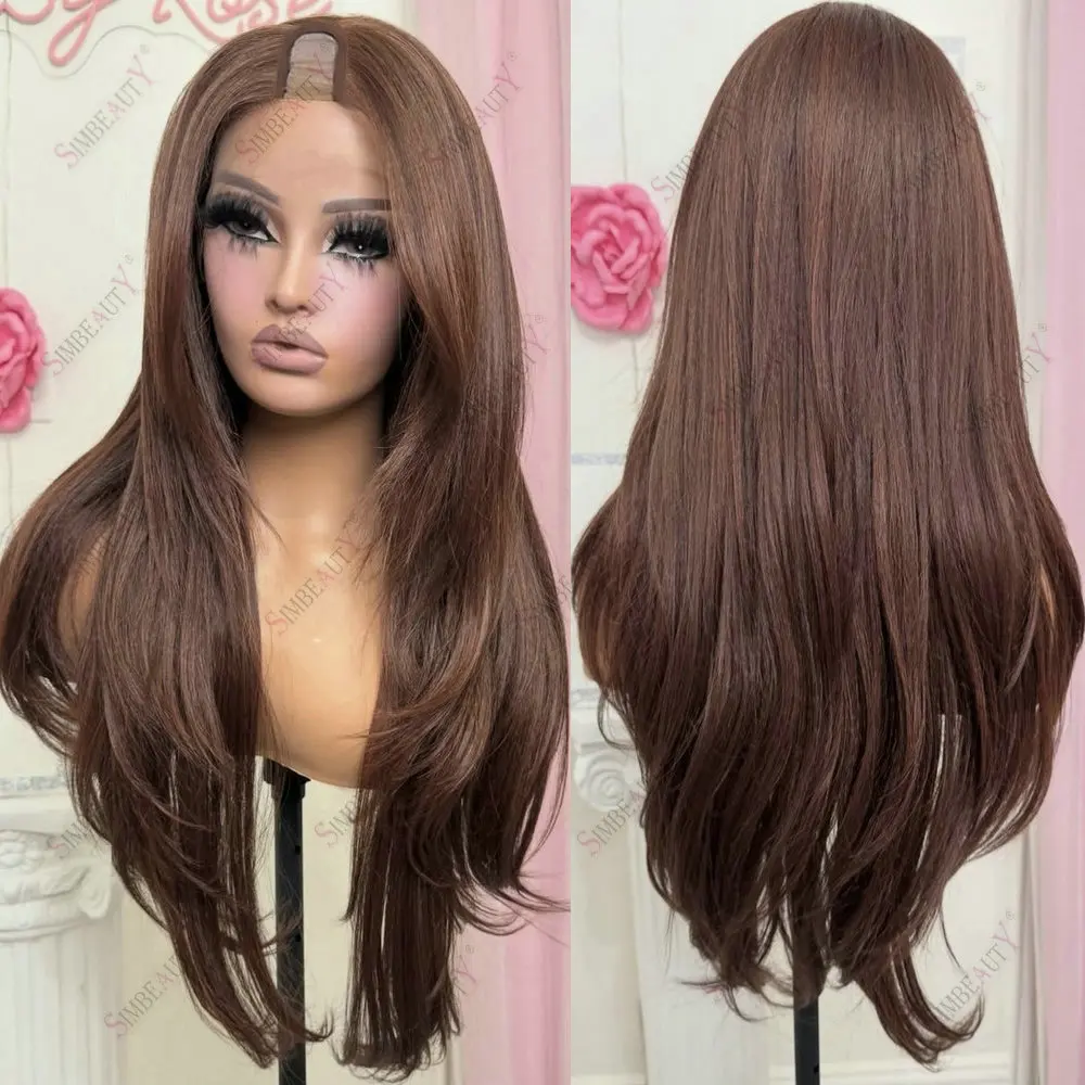 Reddish Brown Long Natural Straight Virgin Human Hair 1x4 Size U Part Wigs for Black Women Glueless Cilp-in Easy Wear V Part Wig