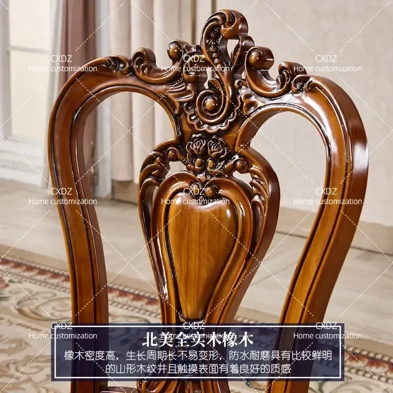 European Style Solid Wood Oak Leather Dining Chair Double Sided Carved Retro Desk Chair for Hotel Home Luxury Furniture
