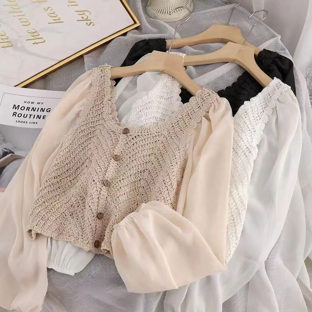 OUMEA Women Cotton Crochet Blouse Fake Buttons Front Summer Puff Chiffon Long Sleeve Casual Solid Crop Shirts French Style