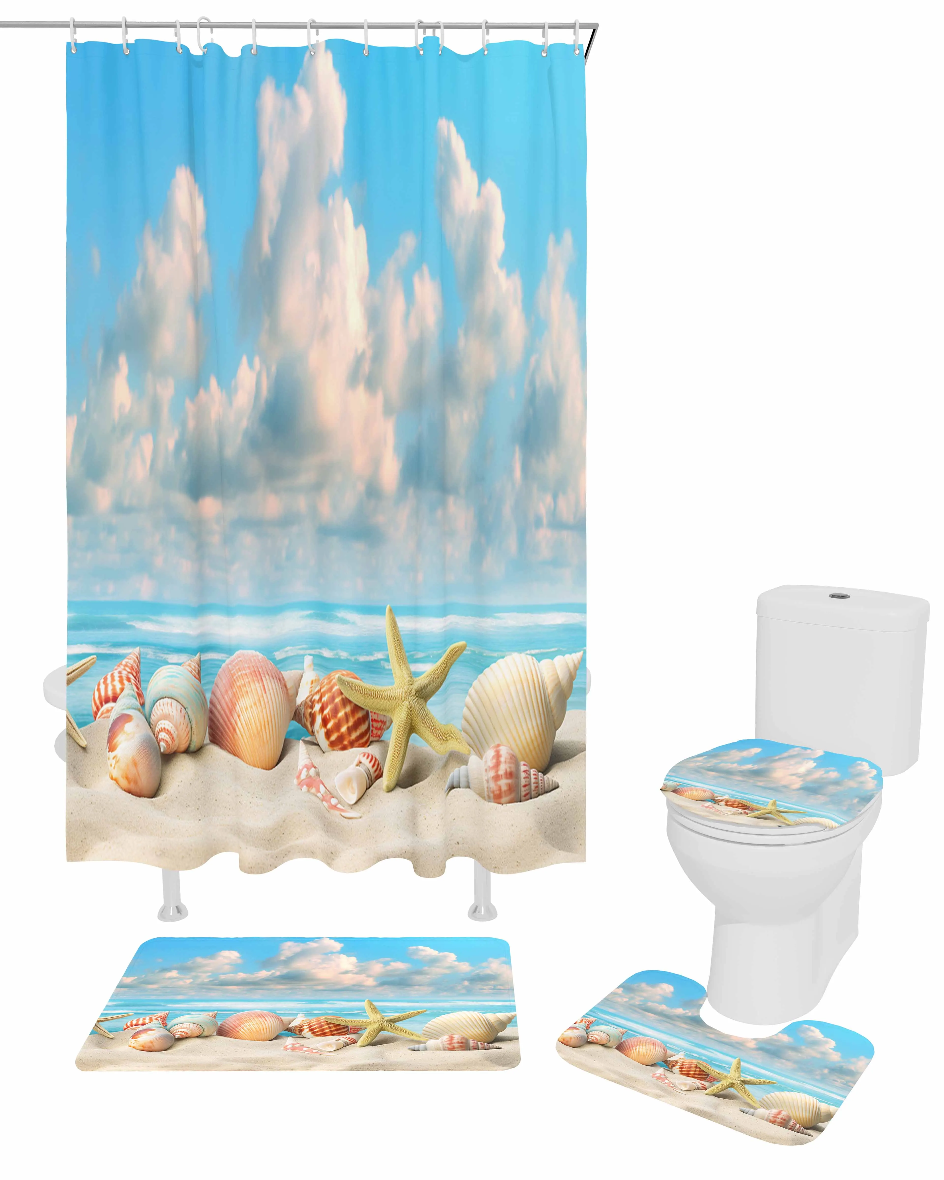 Summer Ocean Shell Conch Starfish Shower Curtain Set Non-Slip Rugs Bath Mat Toilet Lid Cover Waterproof Bathroom Curtain