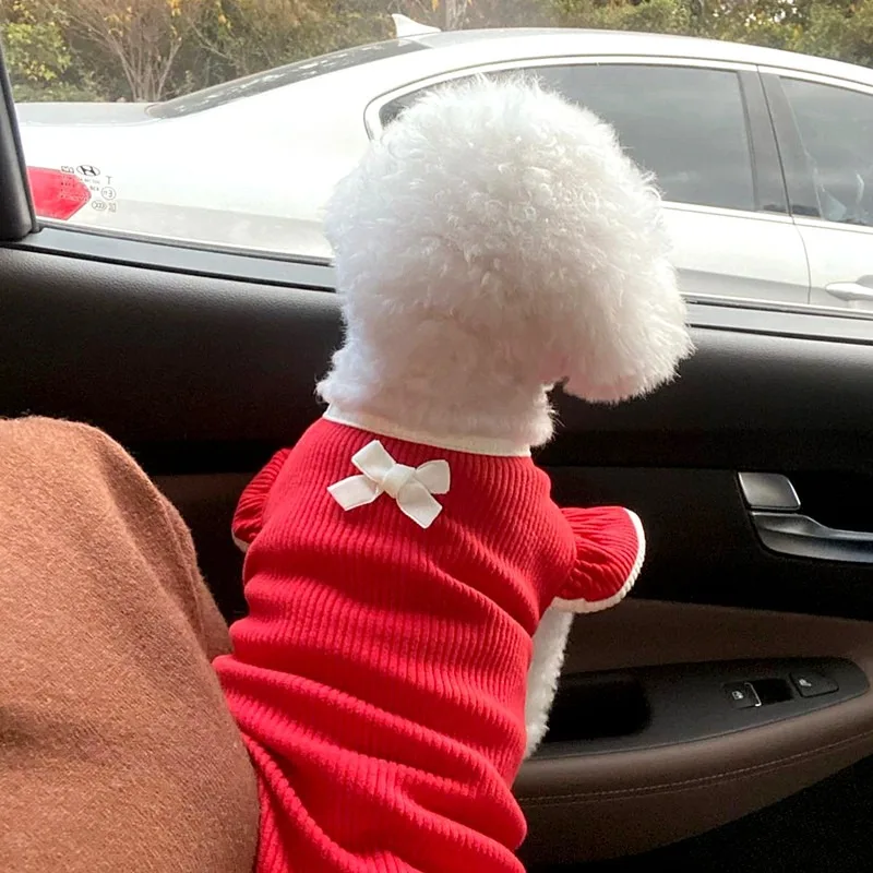 Solid Color Pet Clothes, Summer T-Shirt for Poodles, Soft Vest for Small & Medium Dogs, Cute Bow Two-Legged Short Sleeve view 2