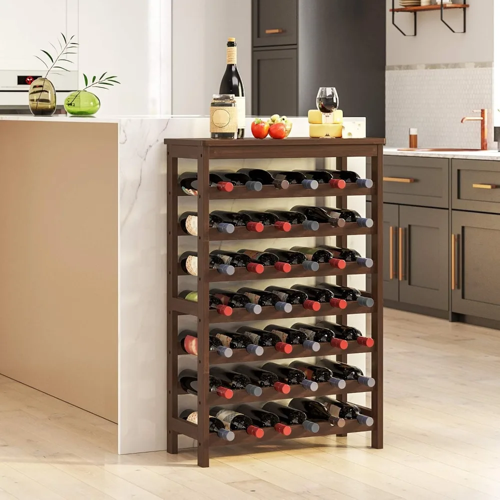 Wine Rack Free Standing Floor, 7-Tier Display Storage Prateleiras, tampo de mesa, bambu, sem oscilações, suporte para garrafas, barra, 42