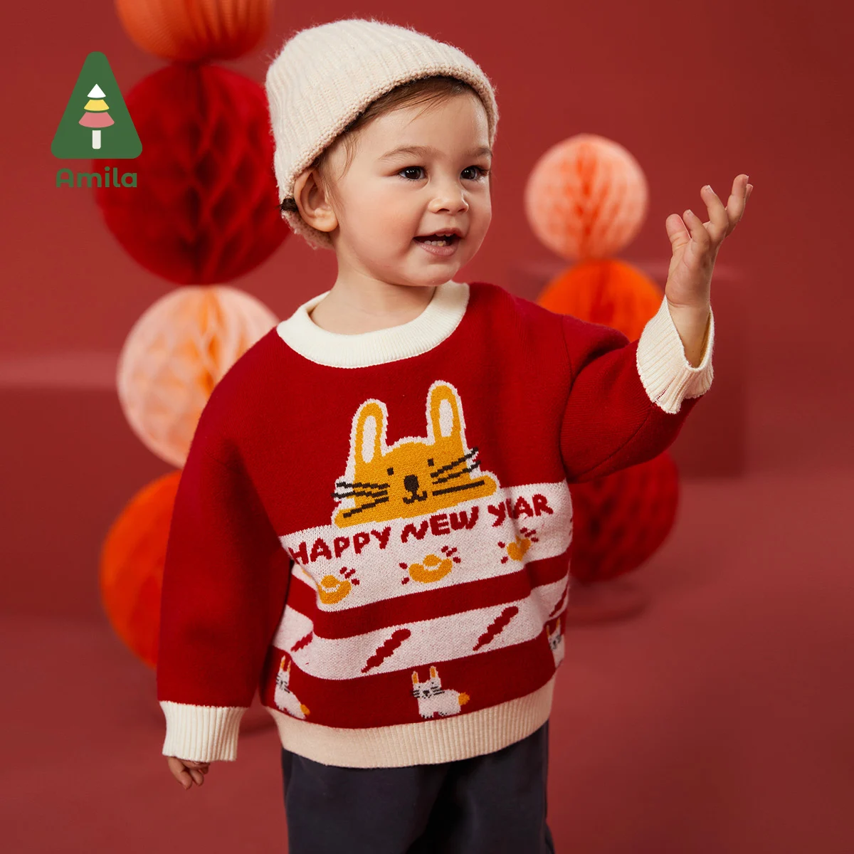 Amila Baby\'s Sweater 2024 Winter Boys And Girls New Year Cartoon Chinese Style Joy Peace Kids Casual Warmth Sweaters