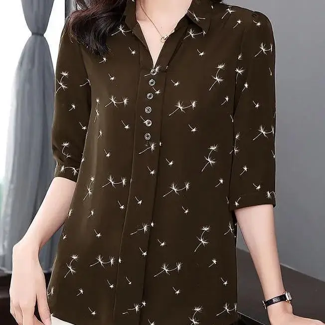 Casual Vintage Printing Button Chiffon Shirt Zomer 2023 Polo-Hals Half Mouw Losse Oversized Truien Blouse Vrouwen Kleding