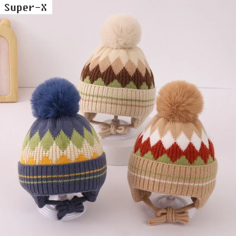 Children Winter Hats with Earflaps Ear Warm Knit Plaid Thickened Beanies for Girls Boys Kids 3-6Y Winter Bomber Hats Cute Pompom