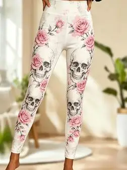Women Mid‑Rise Fleece Lined Leggings, Halloween Skull Pink Floral Flower Print Slim Elastic Casual Trousers