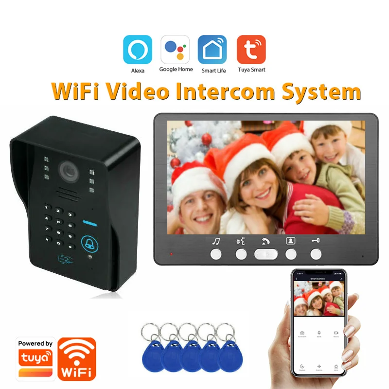 Videoportero WIFI de 7 pulgadas para apartamento, timbre de vídeo con cable, cámara 1080P con contraseña y desbloqueo RFID, Tuya