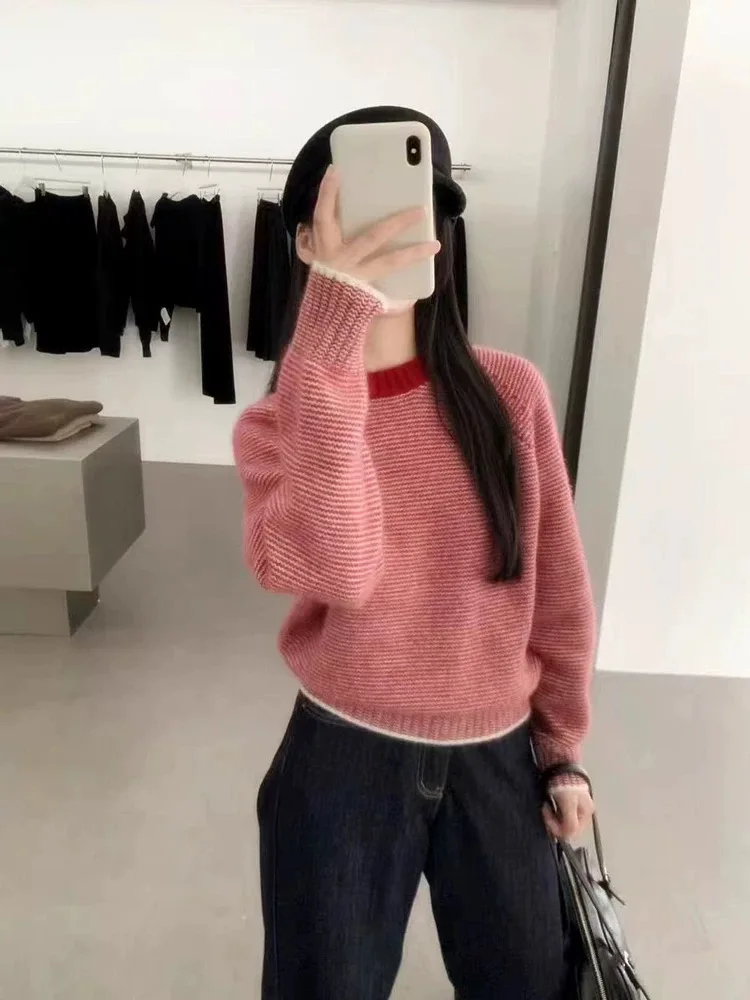 2024 Autumn/Winter New Women's Clothing Knitted Pullover Pure Wool Sweater Ladies Round Neck Senior Top Short Color Strip Jumper