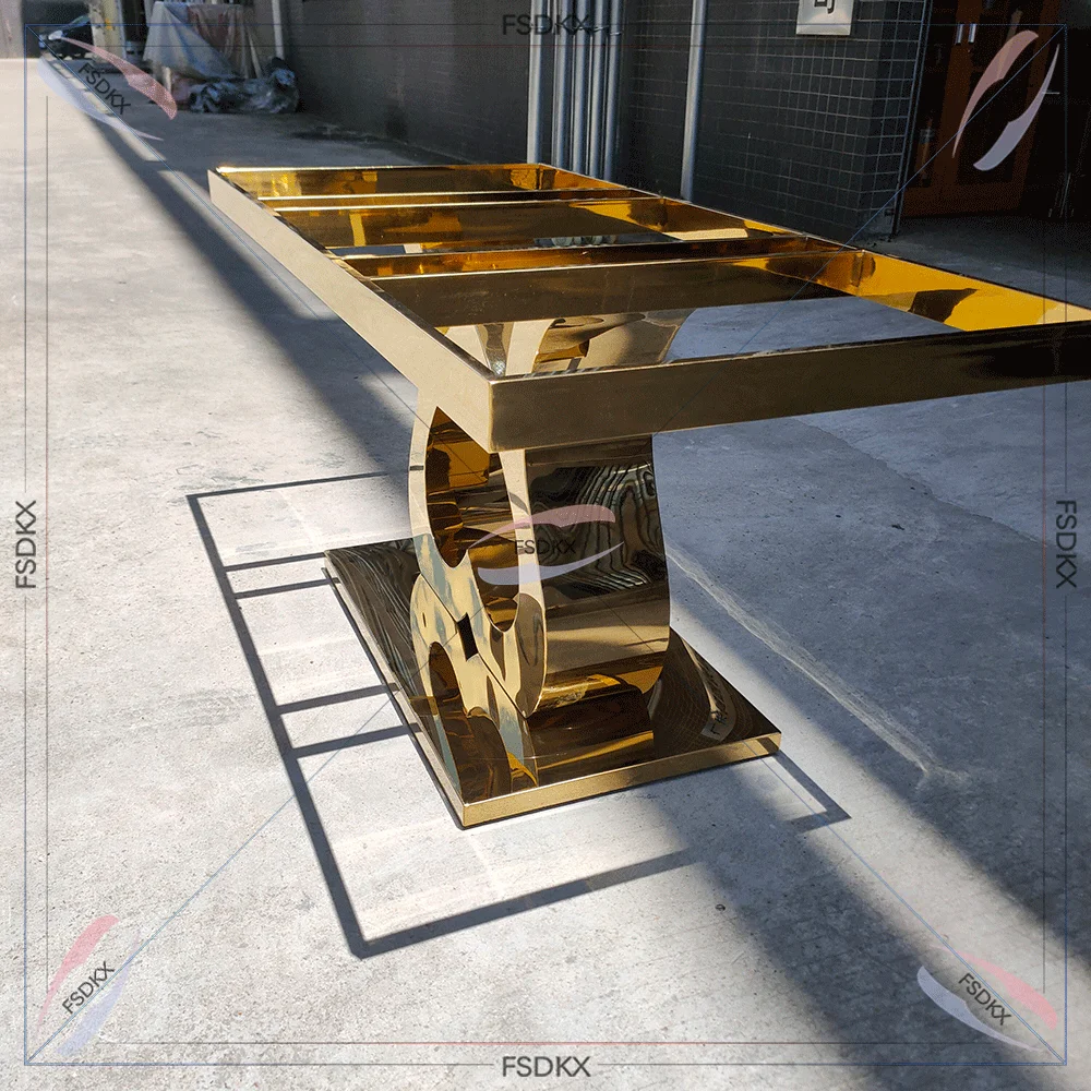 Luxury Dining Table Stainless Steel Legs Mirror Glass Top Hotel Wedding Tables