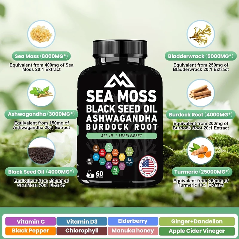 Seaweed, black seed oil, South African drunken eggplant,turmeric, vitamin C,D3, elderberry, ACV, black pepper and other capsules