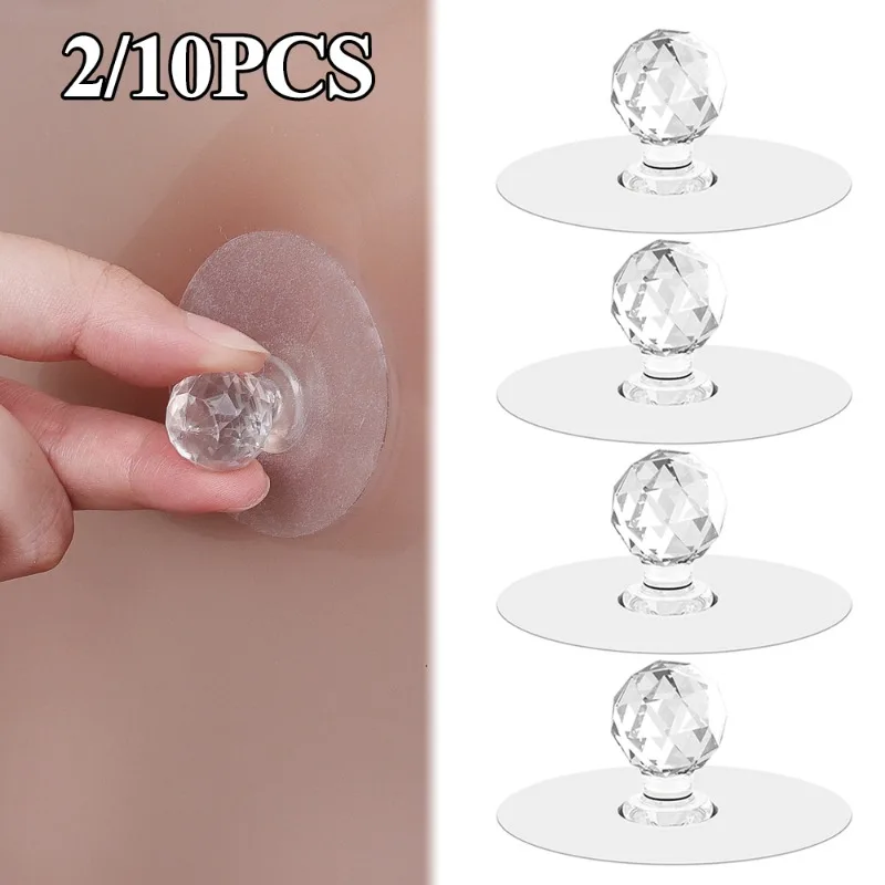 2/10pcs Transparent Crystal Drawer Handle Acrylic Punch-free Cabinet Self-adhesive Door Knobs Hanger Wardrobe Furniture Hooks