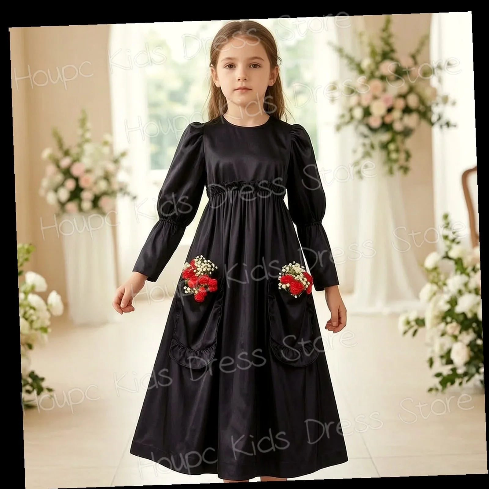 Flower Girl Dress Princess Style Satin Puffed Sleeve Ruffled  WeddingPocket Bouquet Ankle-Length Formal Dress for