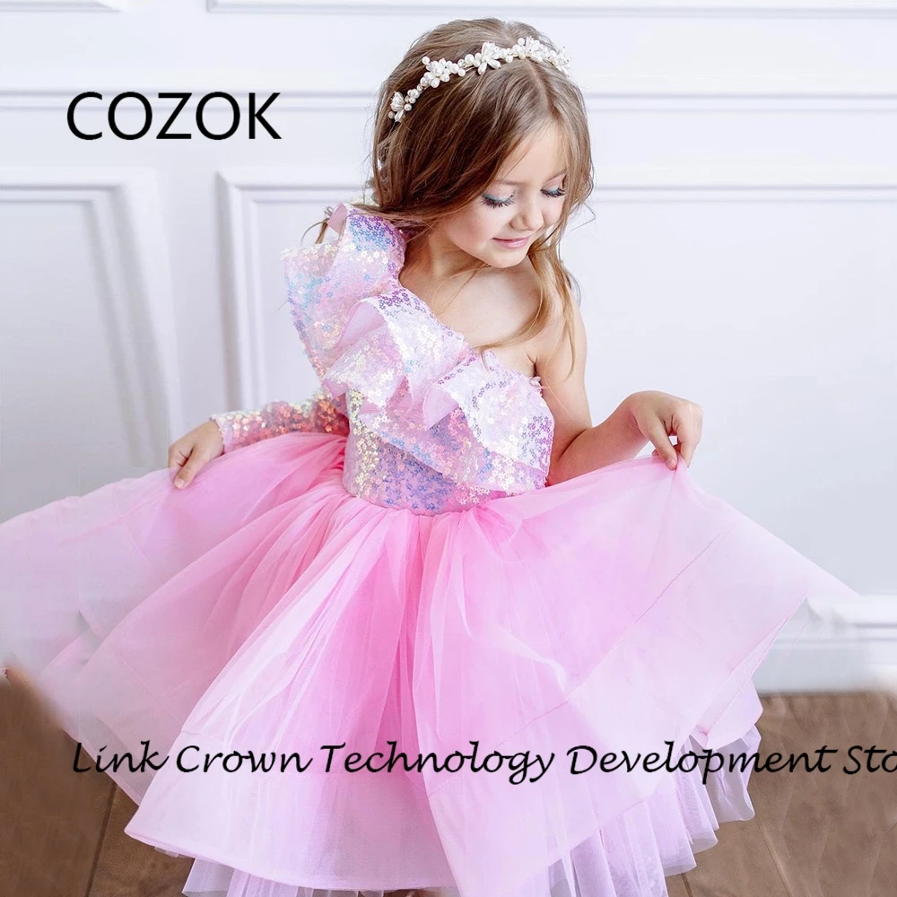 COZOK Pink Scoop Flower Girls Dresses with Sequined Full Sleeve A Line Christmas Dresses for Princess 2024 فستان عيد الميلاد New