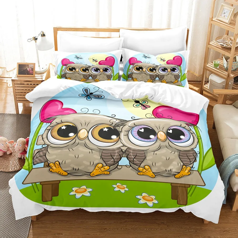 

3D Cartoon Owl Bedding Set Cute Animal Soft Bed Linen For Kids Girls Gifts Twin Single Queen King Full Size Duvet Cover Set 3pcs